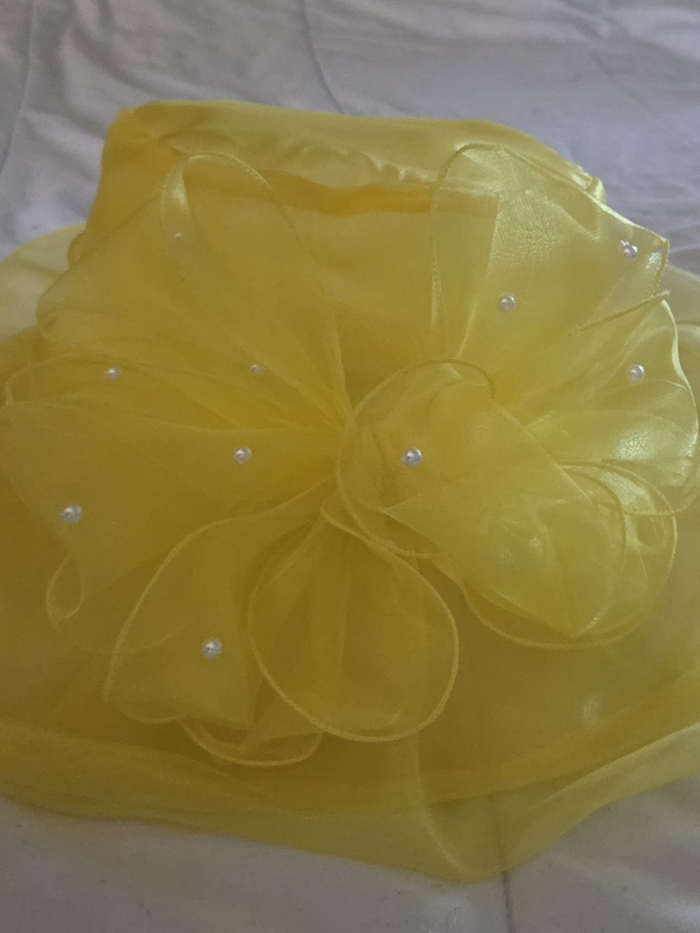 Yellow Organza Decorative Hat with Pearl Accents